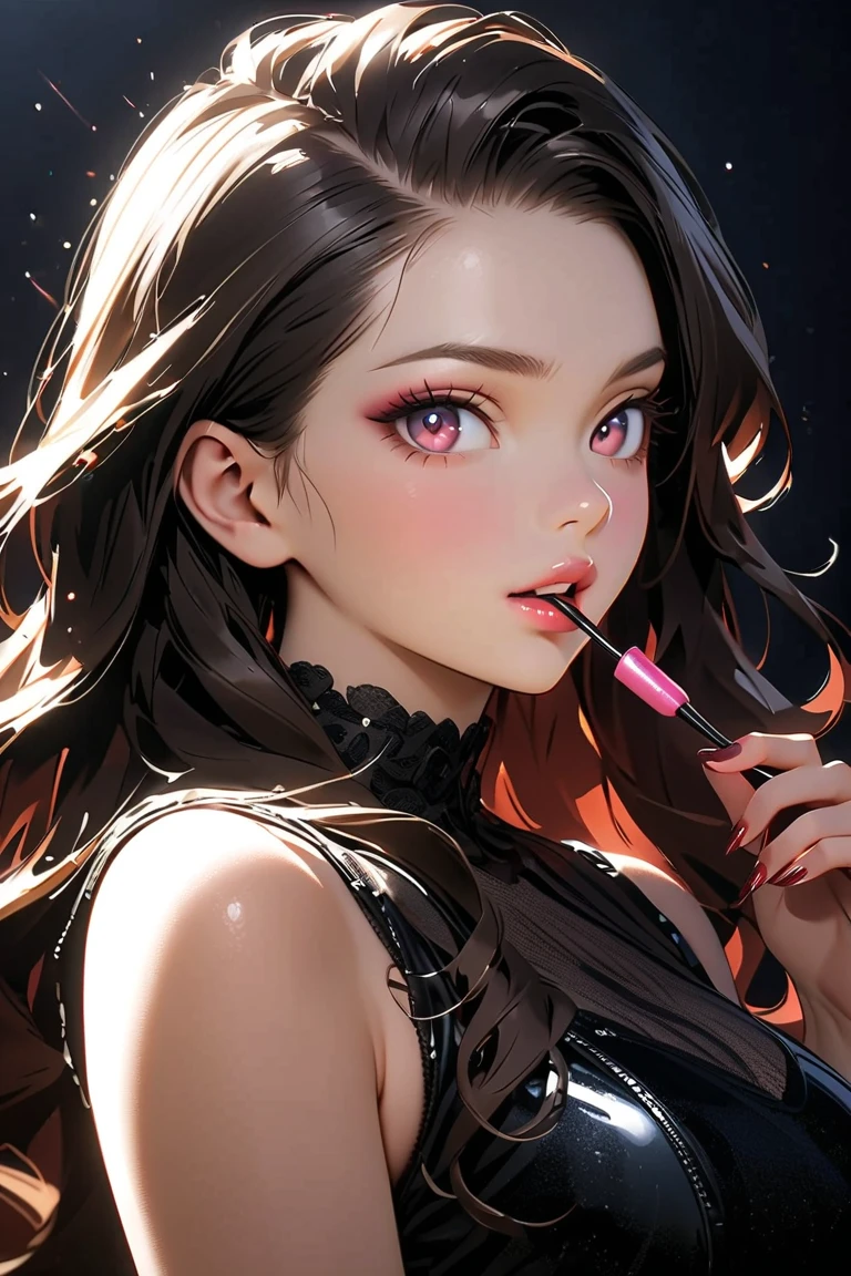 Apply nail polish.Girl with lipstick