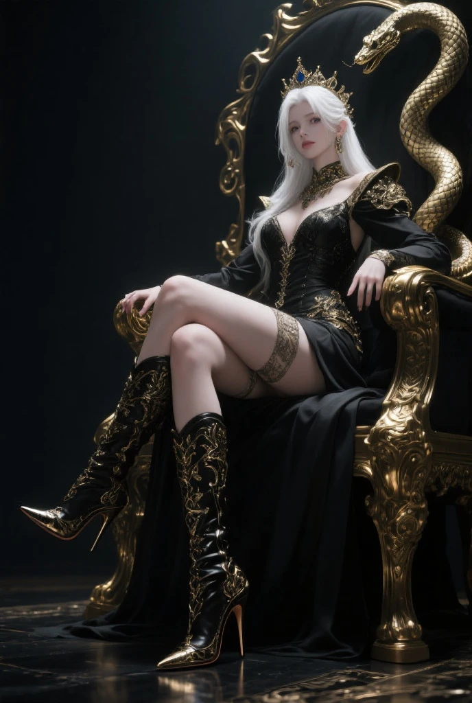 (best quality, masterpiece, full body), 1 girl, elf, elven girl, white eyes, looking at viewer, sitting on gothic throne silver details, dark atmosphere, gothic, black gymnastics leotard, gothic girl, large and smooth medieval throne , dark gothic medieval setting, medieval castle, armor on shoulders, cute face, small body, small breasts, crown of thorns, sitting front, girl from the front legs open