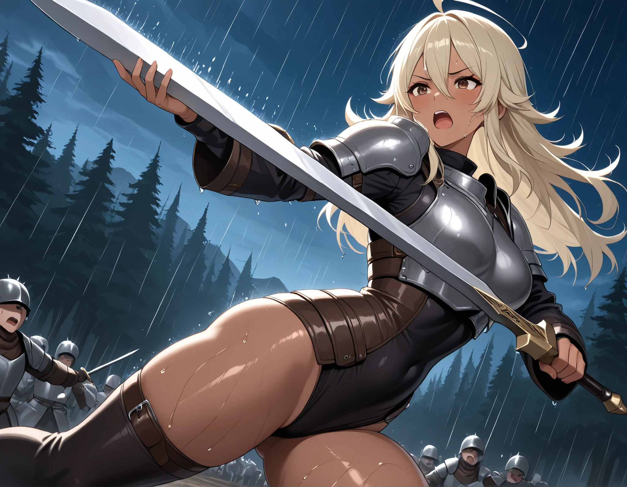 Takeda, masterpiece, detailed, extremely detailed face, perfect lighting, perfect anatomy, perfect body, perfect hands, perfect fingers, detailed face, detailed eyes, score_9, score_8_ up, score_7_ up, anatomically correct, {1girl}: (mature female, curvy, medium breasts, voluptuous, thick thighs, dark-skinned female, dark skin,(light blonde hair:1.2), spiky hair, long hair, ahoge, double-parted bangs, bangs between eyes, long hair, flipped hair, brown eyes), BREAK, mevieval armor, holding a sword, frown, open mouth, from side, charging, poniting aside, army of medieval soldiers running with her, besieging a castle, forest, warzone, night, thunderstorm, raining, wet,