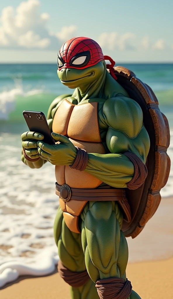 Illustration for the cartoon, Teenage Mutant Ninja Turtle eats a large slice of pizza and sunbathes on the seashore on a sun lounger under the scorching sun