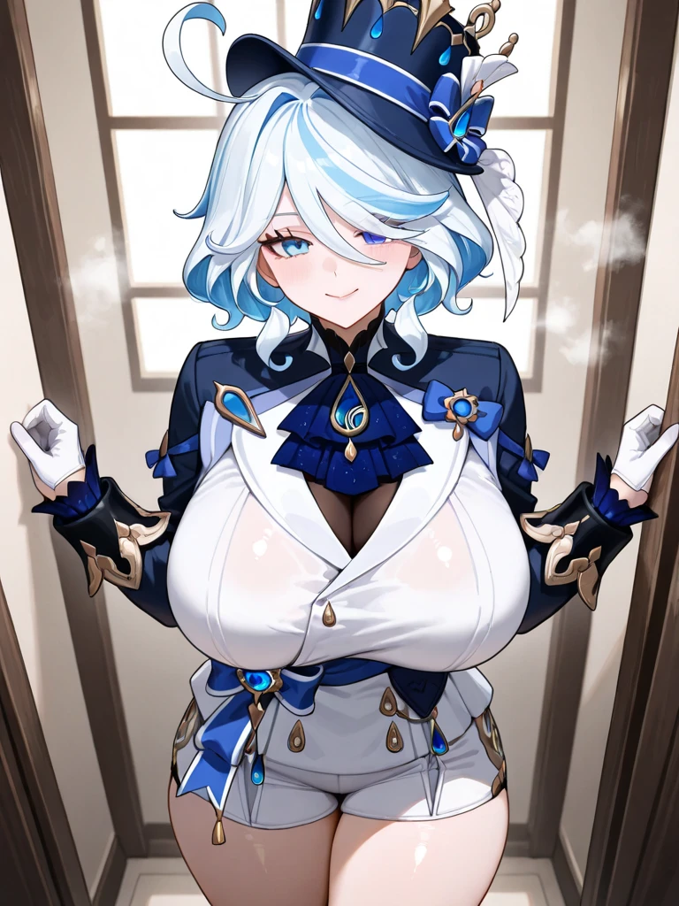 female, gold short hair with white highlights, blue eyes, (((1girl))), (((blue gothic dress with white trim))), (blue witch hat with white trim), (blue lace up ankle boots), (white stockings), cute and sexy, full body, large breasts, large butt, long legs, smiling