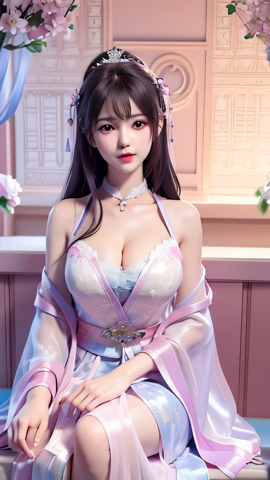 (8k, RAW photo:1.2), best quality, ultra high res,dramatic angle,(fluttered detailed color splashs), (illustration),(((1 girl))),(long hair),(rain:0.9), (Headdress:1.4),There is an ancient palace beside the girl,Hanfu,(Key Points),Color ink painting,(Splash of Color),Splash of Color,(((colorful))),(sketch:0.8) , Masterpiece, best quality, beautiful painted, highly detailed,(denoising:0.6),[splash ink],((ink refraction)), (beautiful detailed sky),moon,highly,detaild,(masterpiece, best quality, extremely detailed） CG Unity 8k Wallpaper，masterpiece，best quality，Ultra Detailed），（Lycoris）.shoulder ballet dress open V-chested clothes Thin silk lace dress short skirt , (huge ，cleavage),, white pink, blue ，best qualtiy，tmasterpiece，Ultra-high resolution，（Reality：1.4），RAW photogr，（True skin texture：1.3），（filmgrain：1.3），（Selfie angle），1个Giant Breast Girl，Beautiful eye and face details，tmasterpiece，Best quality at best，，The chest more exposed， detailed hair, bra pink purple , detail 8k, full body, lace petticoat, fan handle