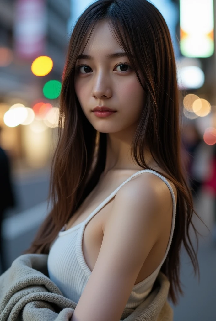 1 girl, tokyo street,night, cityscape,city lights,Upper body,close,smile,, (8k, RAW photo, highest quality, masterpiece:1.2),(realistic, photo-realistic:1.37),