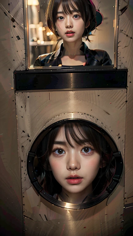 A girl sleeps with her eyes closed in an escape capsule of a spaceship in a science fiction movie, the girl is 10 years old,full body,the girl is wearing a silver metal suit, The escape capsule is green and cylindrical with a transparent glass lid, and the inside of the capsule is filled with dazzlingly bright light from the lamps and monitors of the life support system, The bright light shines on the girl's face,feminine,((baby face)),((very cute face)),((small nose,slim waist,small hip)),brown smooth hair, smooth skin, ((big double eyelid eyes)), ((brown eyes)),