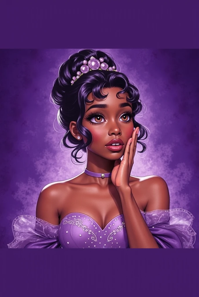 princess with black skin with long black hair, wearing a purple dress, cleavage, we use red lipstick, black skin 