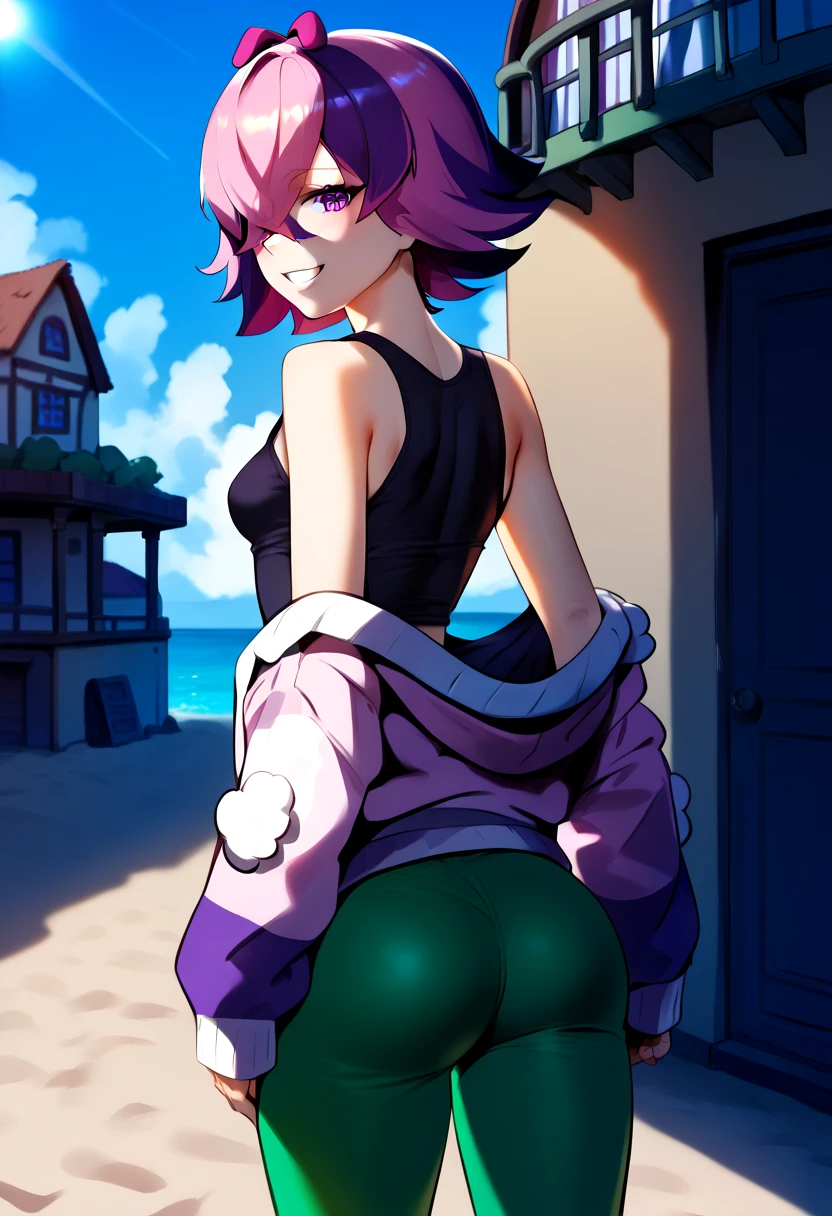 Masterpiece , best quality , Masterpiece , best quality , 1 woman , Close your eyes. , Pink ponytail , sly face , black bikini , abdomen , big breasts , Long legs , Barefoot , Sit down on the ground. , spread your legs , leaning against the wall , alley