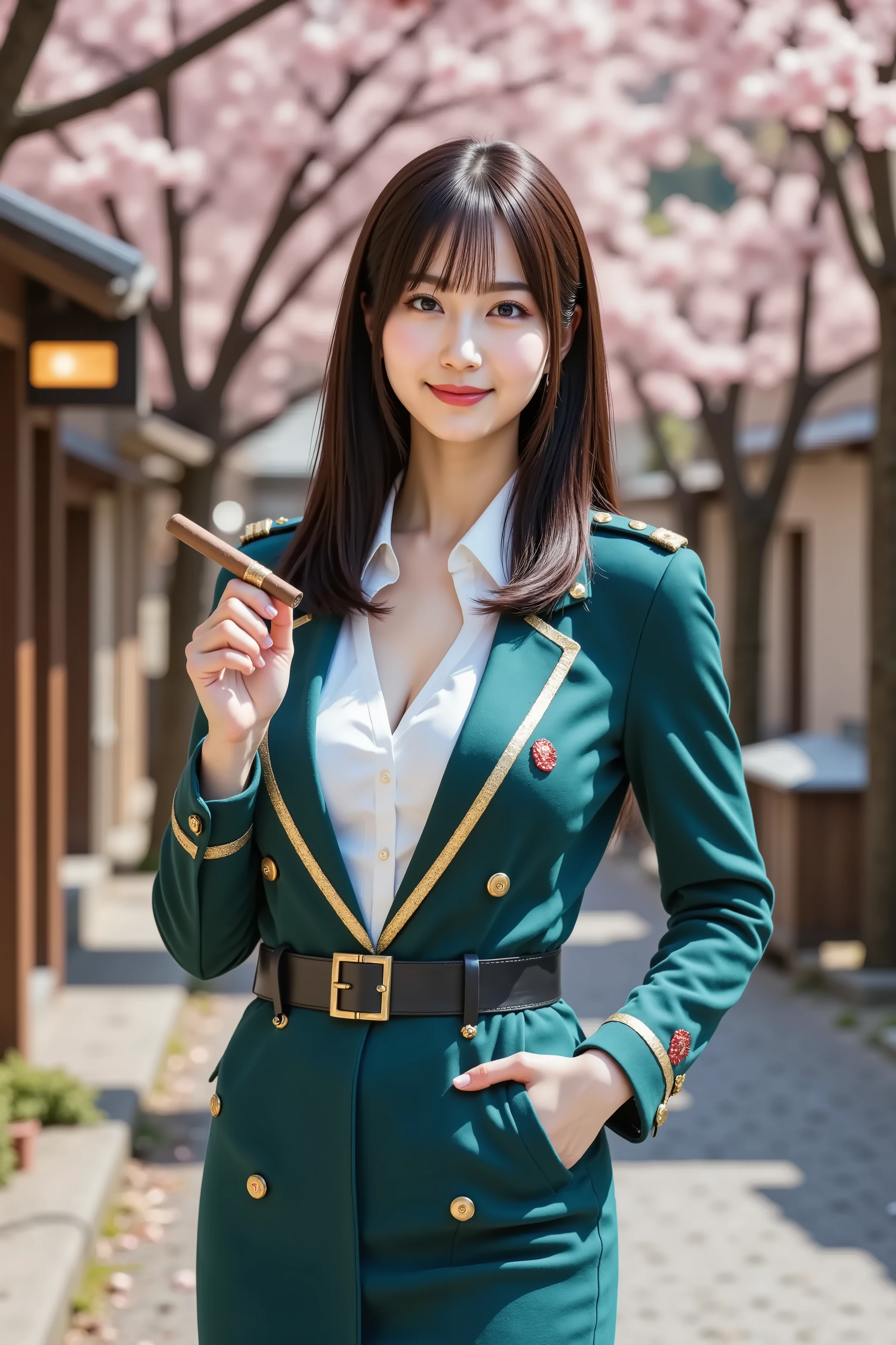 firm and big breasts, cleavage, medium-framed portrait shot from head to mid-thigh of a realistic adult slender woman with her full head and shoulders fully in frame, standing on a sunlit historic Japanese street lined with wooden shopfronts and ornate tiled eaves, delicate pink cherry blossom branches arching overhead and petals drifting on a gentle breeze, the cobblestone pavement reflecting warm daylight and softly blurred pedestrians and a vintage lantern shop sign in the midground, wearing a tailored teal military-style coat fully visible within frame, the coat featuring gold-trimmed lapels, polished brass buttons, embroidered epaulettes, and a decorative officer’s insignia on the sleeve, over a crisp white button-front blouse with a high mandarin collar and a red embroidered emblem at the chest, the blouse’s snug fit compresses her firm full breasts into a pronounced wide deep cleavage boldly framed by the coat’s open front panels and supported by slight forward posture, a glossy black leather belt with a square gold buckle cinches her narrow waist above a matching teal pencil skirt ending above mid-thigh, tiny brass tassel brooches pinned at the lapel catching highlights, she holds a finely crafted wooden cigar with a subtle wisp of smoke curling upward in her right hand at shoulder height, her left hand resting lightly on her hip, she smiles warmly revealing natural dimples and bright eyes, realistic natural skin tones with visible microtexture and a soft dewy sheen on her collarbones and décolletage, hair styled in loose natural waves cascading over her shoulders with individual strands catching rim light, minimal natural makeup with matte base, soft peach blush on cheeks and eyelids, neutral pink lip tint, individually defined eyelashes and neatly groomed brows, small gold hoop earrings reflecting ambient light, camera at eye level using an 85mm lens at f/2.0 aperture for shallow depth of field rendering the cherry blossom branches and shopfronts into