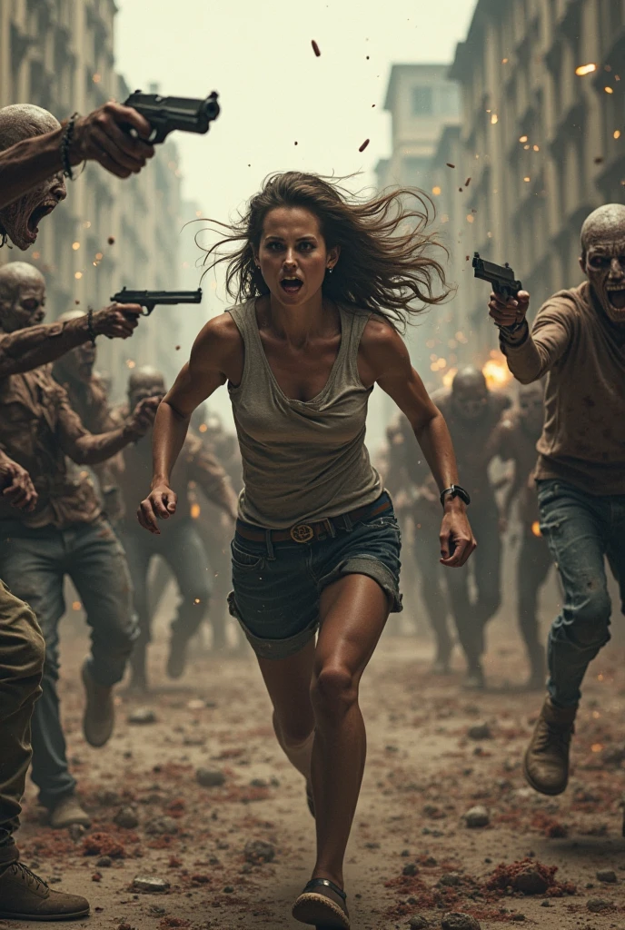 create a beautiful realistic woman with perfect details running from zombies, environment around her with destroyed buildings on fire