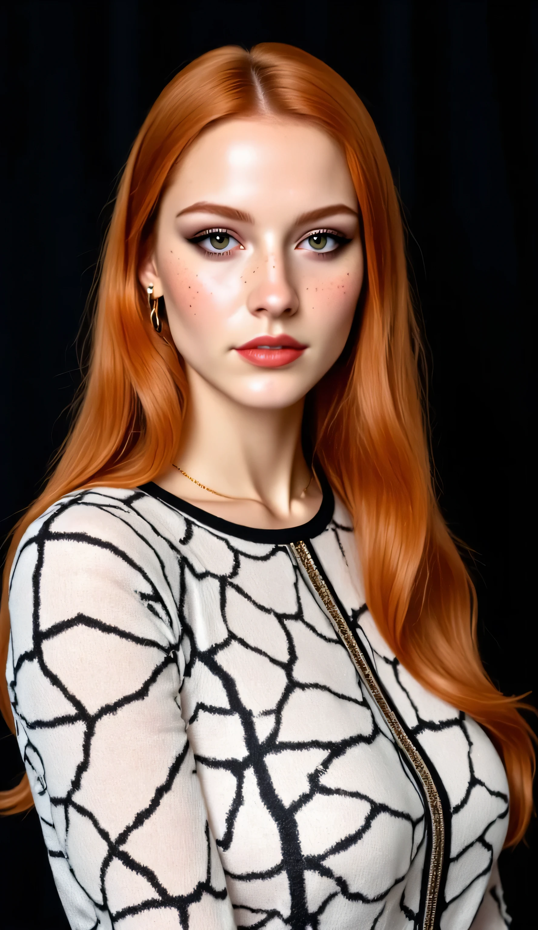 ((realism, photorealistic, life-like photograph)), beautiful French 18year supermodel, very long wavy red hair with light ginger highlights, blackout eyeshadow, red lips, freckles, white black silk pattern sweater, ((((portrait, closeup face, she has a very dark suntan, her tan skin is flawless)))), delicate copper chain necklace, she's standing in a dynamic full-body modeling pose, slight side view, nothing in the background but a black screen at her modeling shoot
