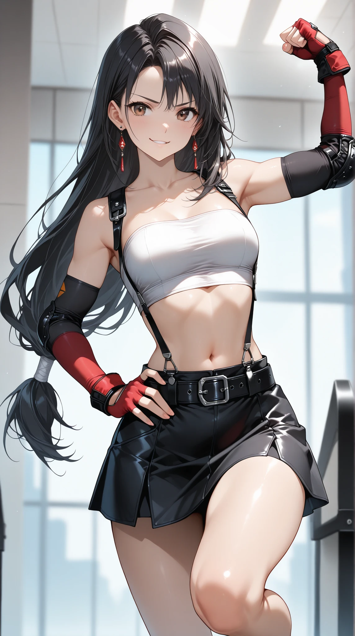 tifa ff7, 1girl, solo, looking at viewer, blush, sitting, on bed, wariza, seductive smile, white tank top, black skirt, suspender skirt, midriff, black thighhighs, red gloves, bra, zettai ryouiki, bent over, head tilt, one eye closed