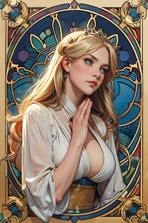 (Blonde Ukrainian woman) Very detailed, ((Full nudity)), Art Station, Are standing, To the camera, Concept Art, Smooth, Sharp focus, figure, ArtGerm and Art by Alphonse Mucha, High Resolution Digital Art, Dramatic lighting, Background Fractal Web, The style of Ilya Kuvshinov and Ross Tran,