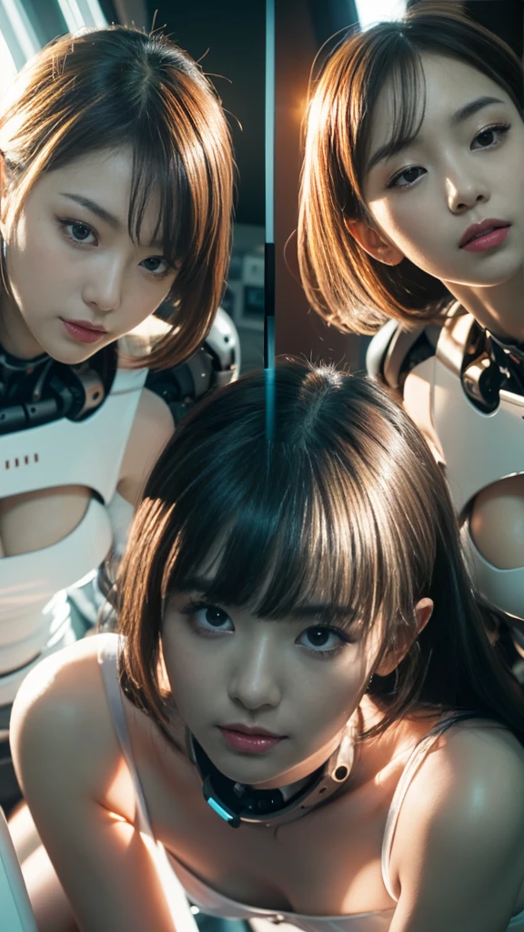(RAW photo:1.2), (photorealistic:1.4),(masterpiece:1.3),(best quality:1.4),ultra high res, (((2girls))), (night scene), (((cyberpunk))), (cinematic), no text, face to face, breast press AND (((2girls))), <lora:virtualgirlAim_v20:0.7>, maiden, long hair, bangs, (white hair), (blue eyes), (cyborg:1.6), medium breasts, (slender girl), (cute), ((pout)), (Innocent),(smirk) AND (((2girls))), <lora:virtualgirlRin_v20:0.4>, maiden, bangs, bob hair, short hair, (brown hair), (brown eyes), (cyborg:1.6), medium breasts, machine arm, (slender girl), choker, (grin), (cute)