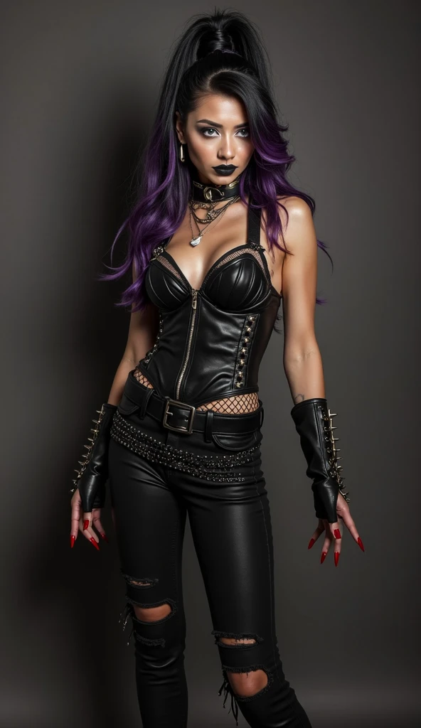 woman with burgundy hair in black open sexy dominatrix clothes, Metal jewelry, Dynamic pose, perfect body, slim figure, small breasts, seductive cyberpunk dark fantasy, Sensual, dark realism, photorealism, photo, dominatrix, femdom, bdsm, mistress, fetish, top model, fetish