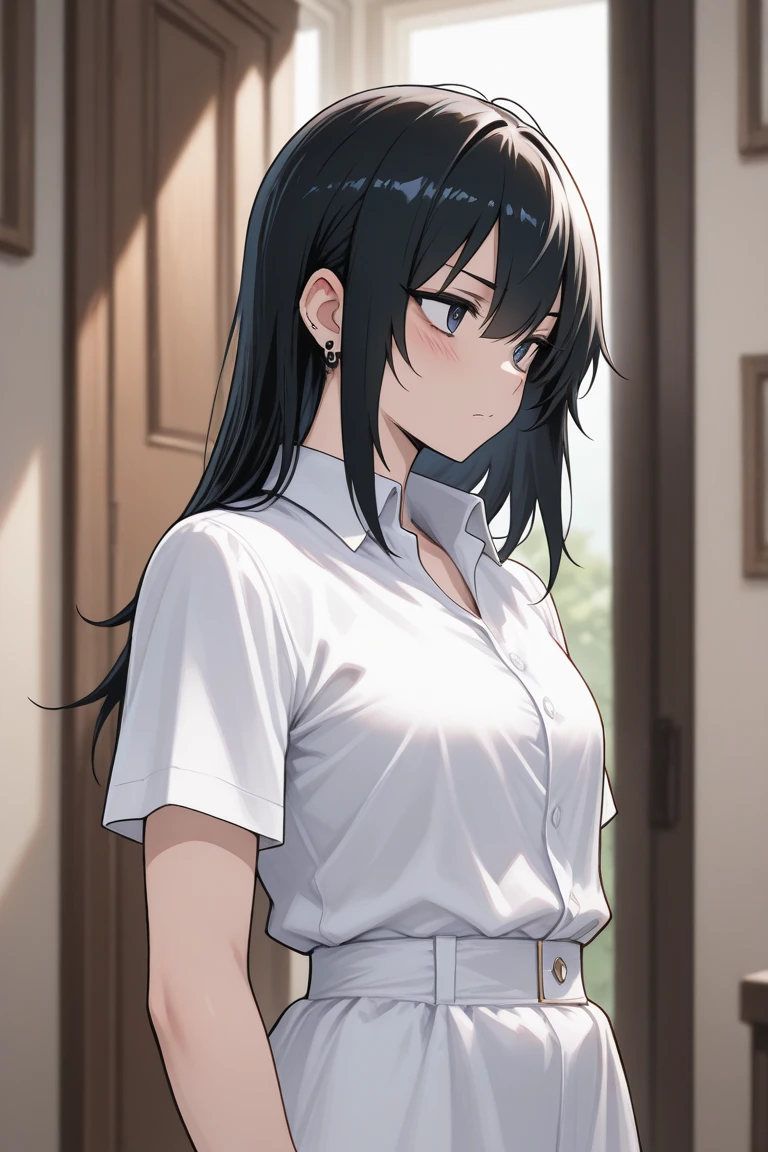 masterpiece, high quality, 8k, Beautiful lighting,sunny day,1girl,Sakuya Shirase, {{{{{pov,nsfw:1.9}}}}}, {{{{{(nude)}}}}},,,((medium breasts)),,(((white panties))),(slender body),,squinting,((((white shirt)))),((())),,(close up:1.3),blush:0.9, gold eyes, black hair, ponytail hair