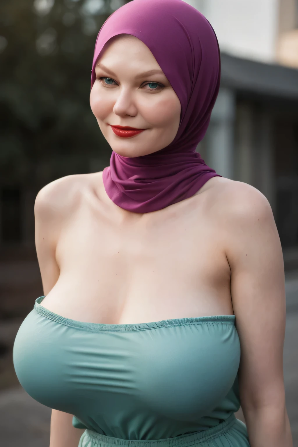 (8k High Quality Photo), PLUMP OVERWEIGHT , (neon green Strapless) Jumbo (Fatty), adorable, (1 girl), (face to face), , baby face, happy, half body portrait, (face details: 1), (eye details: 1), ((sagging breasts Solid:1.54)). wearing translucent (transparent) transparency (soft short t-shirt cropped) , hijab, .. Cute posed. proportional body. Ultra High Res. realistic: 1.4, UHD, view from side seductive pose, (Kirsten Dunst:1.3), (red Lipstick:1.2), (Arms muscle:1.6)