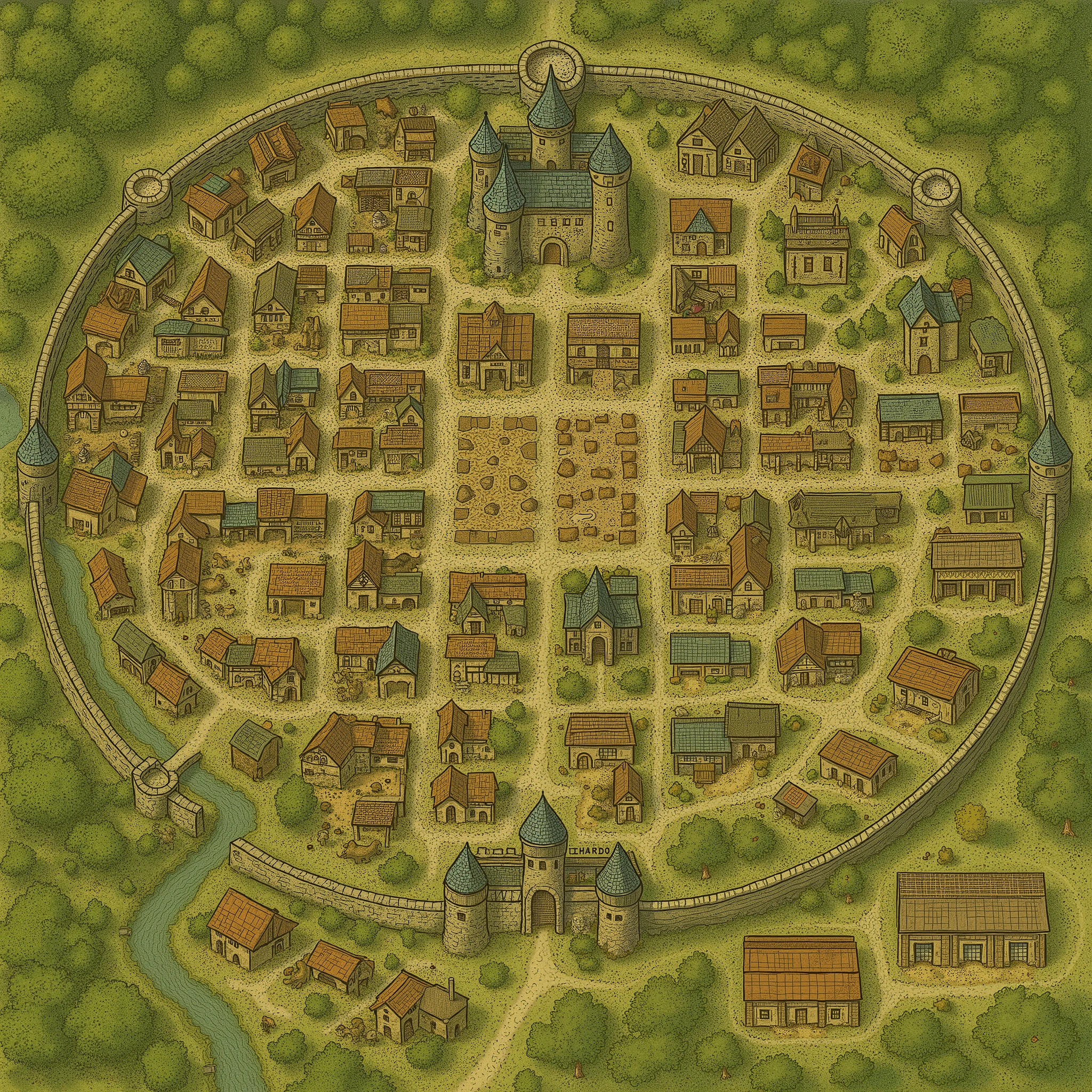 a close up of a map of a town with a river, medieval city map, the streets of baldur's gate, a medieval city, medieval map of small town, medieval city, flintlock fantasy capital city, fantasy capital city, big and structured valhalla city, city map, vivec city, elven city, steam workshop maps, medieval town, town

