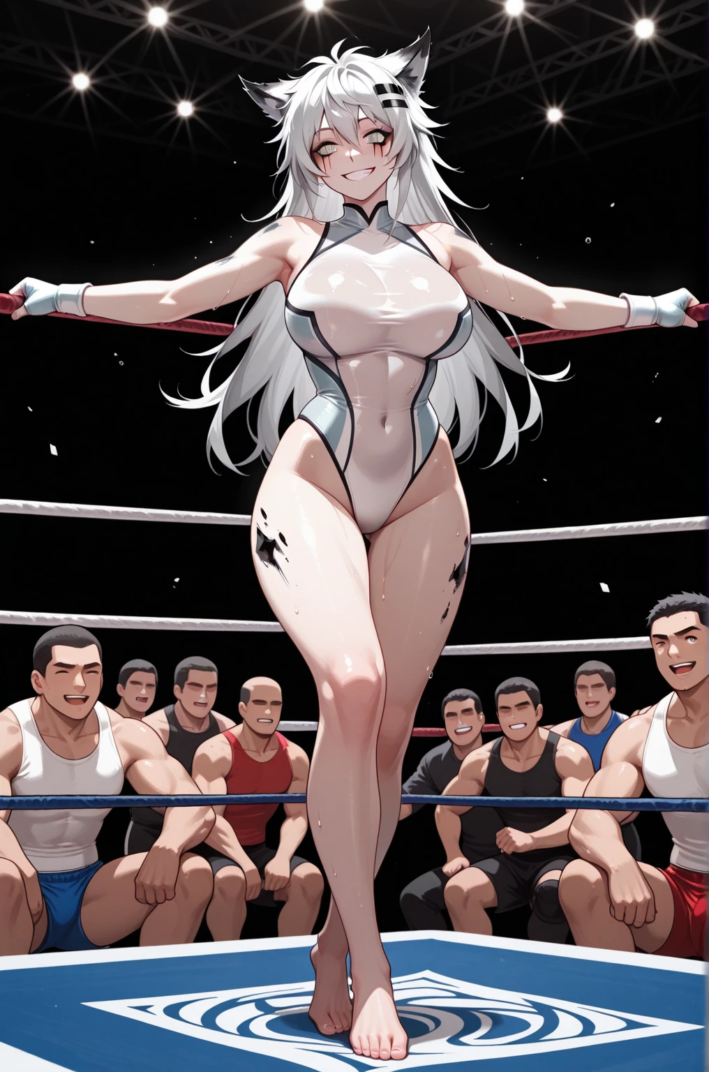 masterpiece, best quality,anime style, 1 girl,(((slender body))), (((small breast))),(((hot pants, white tanktop,red tie))),(((((a gorilla man grabbing the girl))))), ((((restrained, arms behind back)))),((((cum)))), (beautiful face), (((short twintail))), (((straight hair))), ((((silver hair)))),detailed beautiful skin, (perfect hands, perfect anatomy)