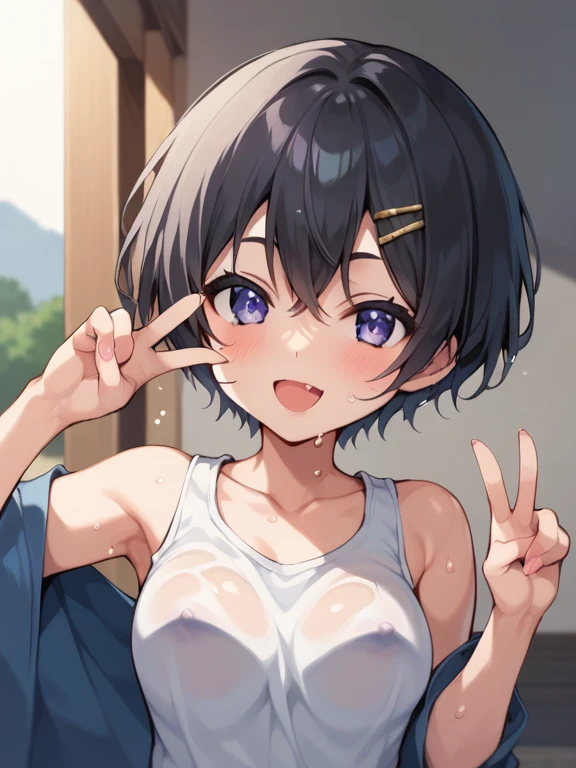 (best quality), (Super detailed), (Best Illustration), (masterpiece), (NSFW), [2girls:0.1],] ((1 beautiful woman)), look at viewer, (both peace fingers:1.2), ((complete nude)), ((beautiful breasts)), curvy body, (nervous), nose blush, sweat, steam, brown hair, (bob cut), messy hair, curvy hair, hairs between eyes, blue eyes, (white background:1.2)