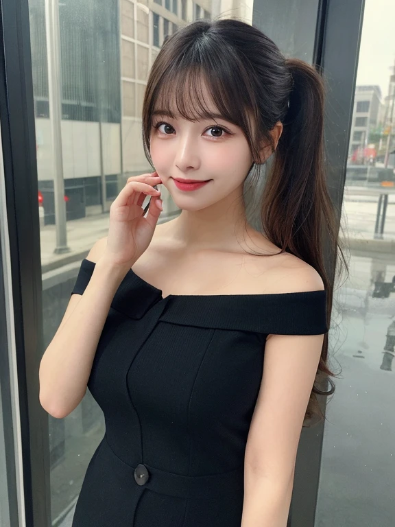 masutepiece, Best Quality, Illustration, Ultra-detailed, finely detail, hight resolution, 8K Wallpaper, Perfect dynamic composition, Beautiful detailed eyes, Women's Fashion Summer,Ponytail Hair,mid-?????, Natural Color Lip, Bold ???? poses,Smile,Harajuku、20 years girl、Cute、???? shot looking at camera, middle ???????,