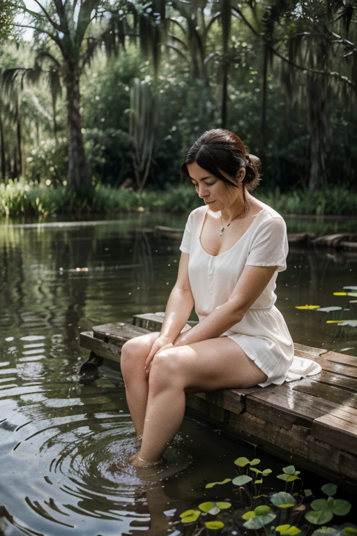 A crying cat with tears streaming down its face, sitting under a large tree near a lake