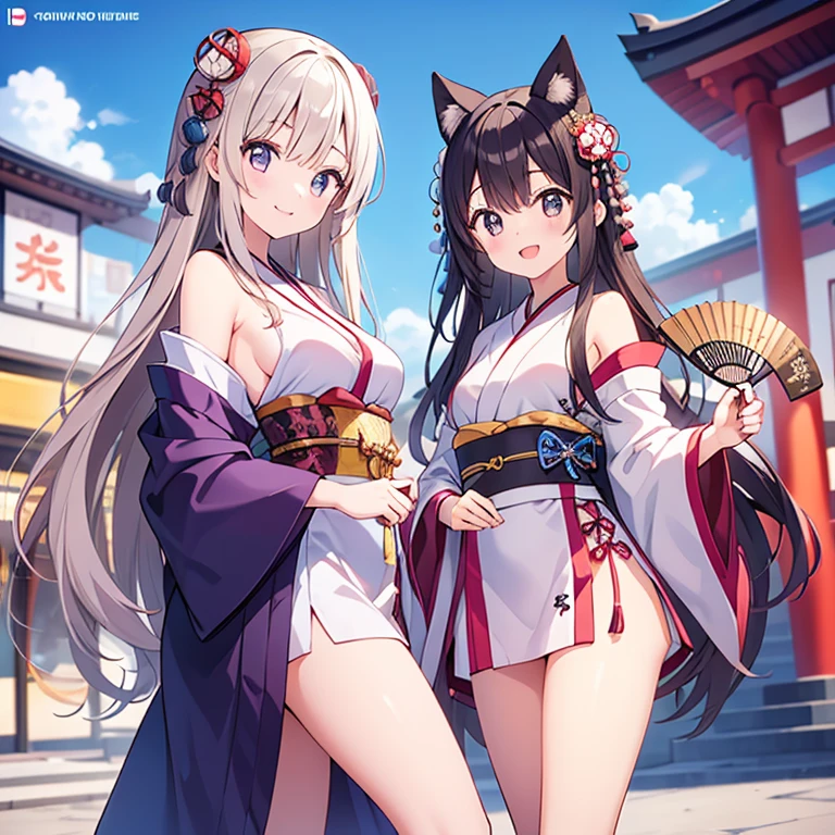 (masterpiece), best quality, expressive eyes, perfect face, luxury japanese style mountain temple background, 3girls, white and blue japanese dress, cleavage, massive large breasts, animal ears, fox ears, sensual, late evening, full body, relaxing, flowers, open air tea ceremony