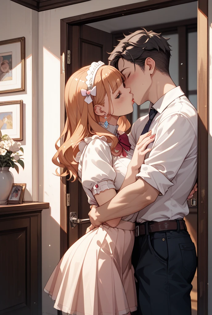 (Masterpiece, Best Quality, High Quality), professional artwork, well drawn, Intricate Details,(((a big boy and a girl looking at each other))),Kousaka honoka, room, ultra detail hair, ultra detail face, perfect eyes, earring, blushing, embarrassed, t-shirt, midriff, denim pants, facing each other, before hug
