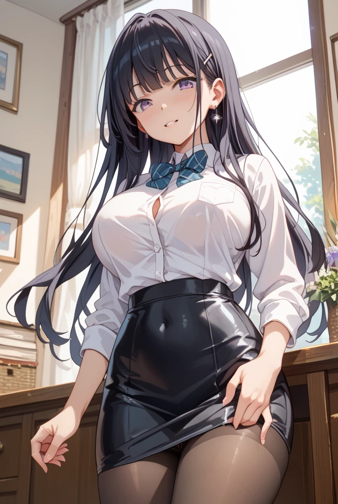 Anime drawing with clear colors. Full body drawing. Young wife is a former student council president. One adult woman. (White vertical striped sleeveless shirt with collar, one black line, black long skirt), (Morning Apartment Room Sexy)、 (Breakfast, table, wooden floor, waving goodbye, a refreshing smile), (Black hair, medium length, ponytail, straight hair, bangs swept to the side:1.9 Slanted eyes Brown eyes Tall Big breasts Strong Beautiful Cute)