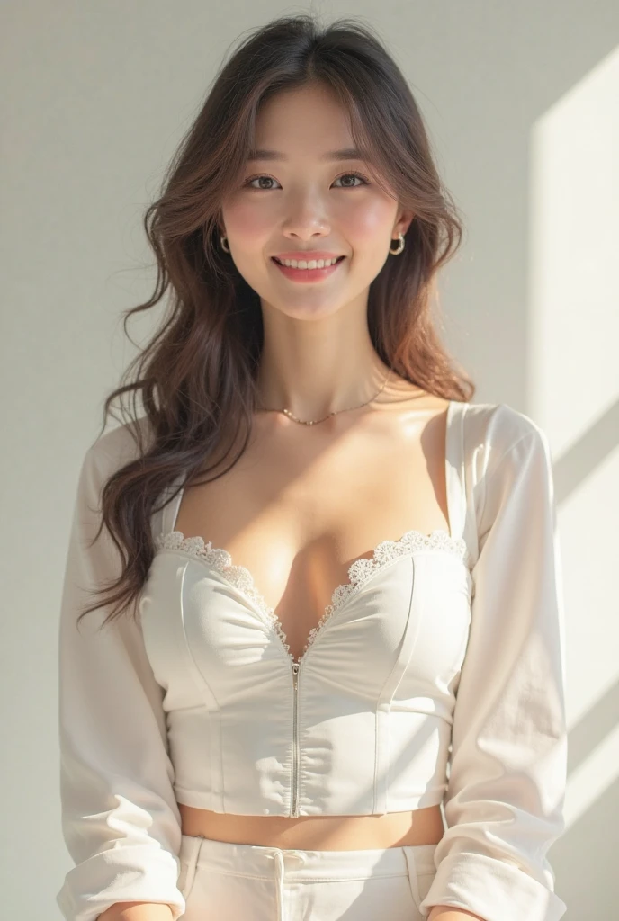 highest quality:1.3, masterpiece, Ultra-high resolution, realistic:1.3, solo:1.3, ((Clear Face)), sidelighting, cowboy shot, from front, (looking at camera:1.3), white background, (blouse, leggings), standing, (medium busts), Showcasing cleavag, arms at sides, smile