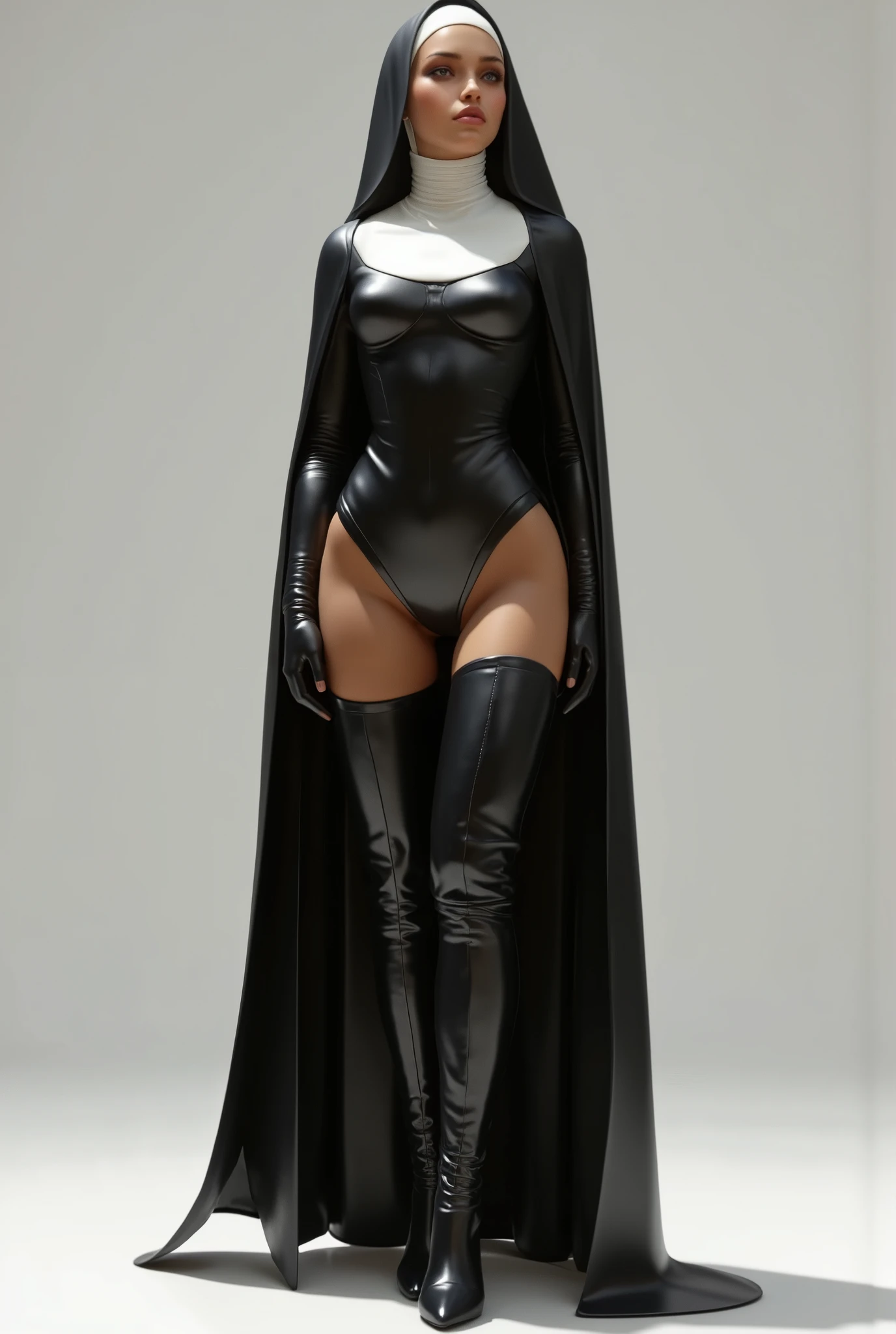 photo real. nun, with black thigh high boots with 12 inch heels. looking to the side