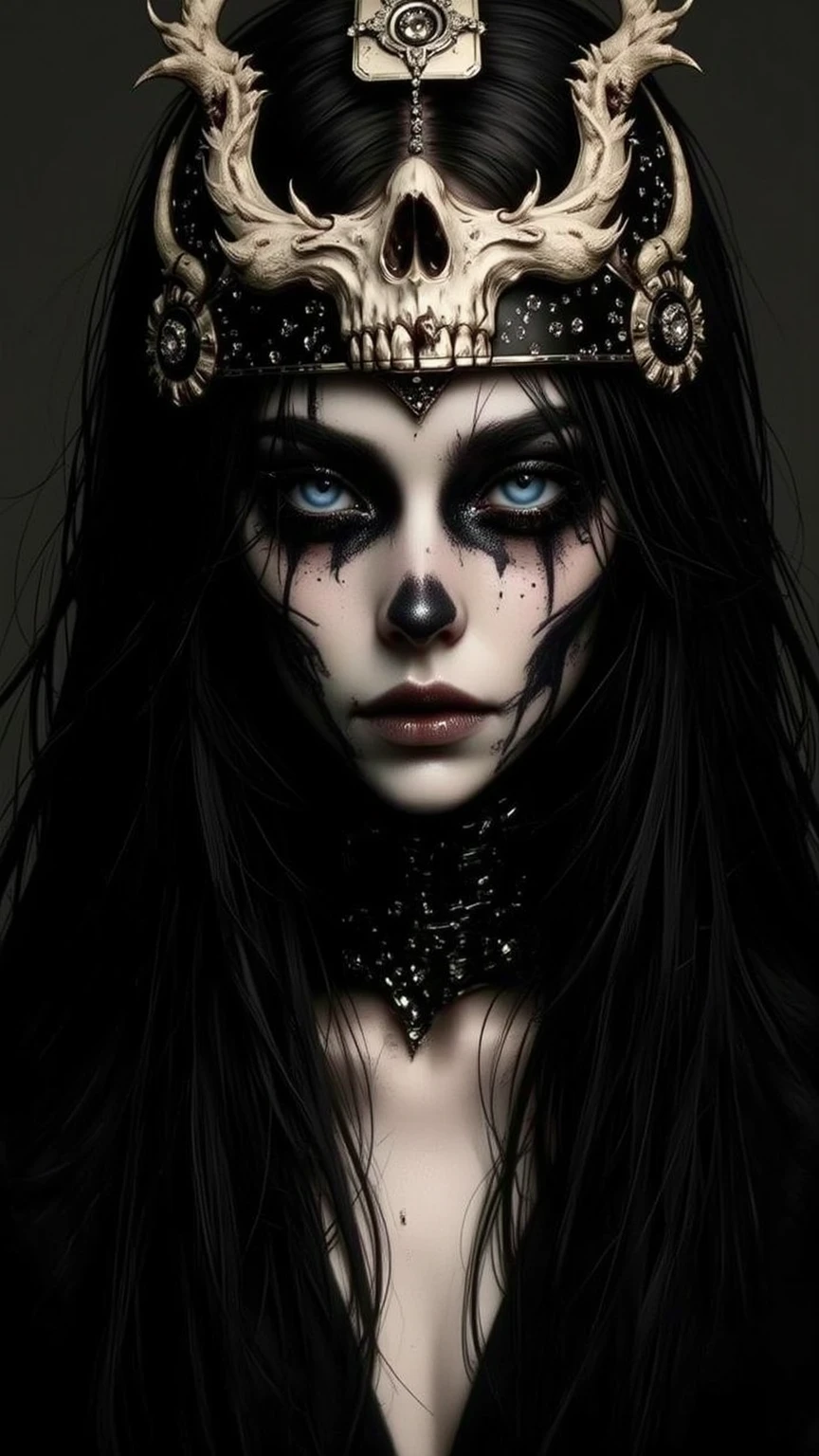 skull demon king concept art portrait by Casey Weldon, Salma hayek, Miho Hirano, hyperdetailed intricately detailed gothic art trending on Artstation triadic colors Unreal Engine 5 detailed matte painting, deep color, fantastical, intricate detail, splash screen, complementary colors, fantasy concept art, 8k resolution, gothic deviantart masterpiece