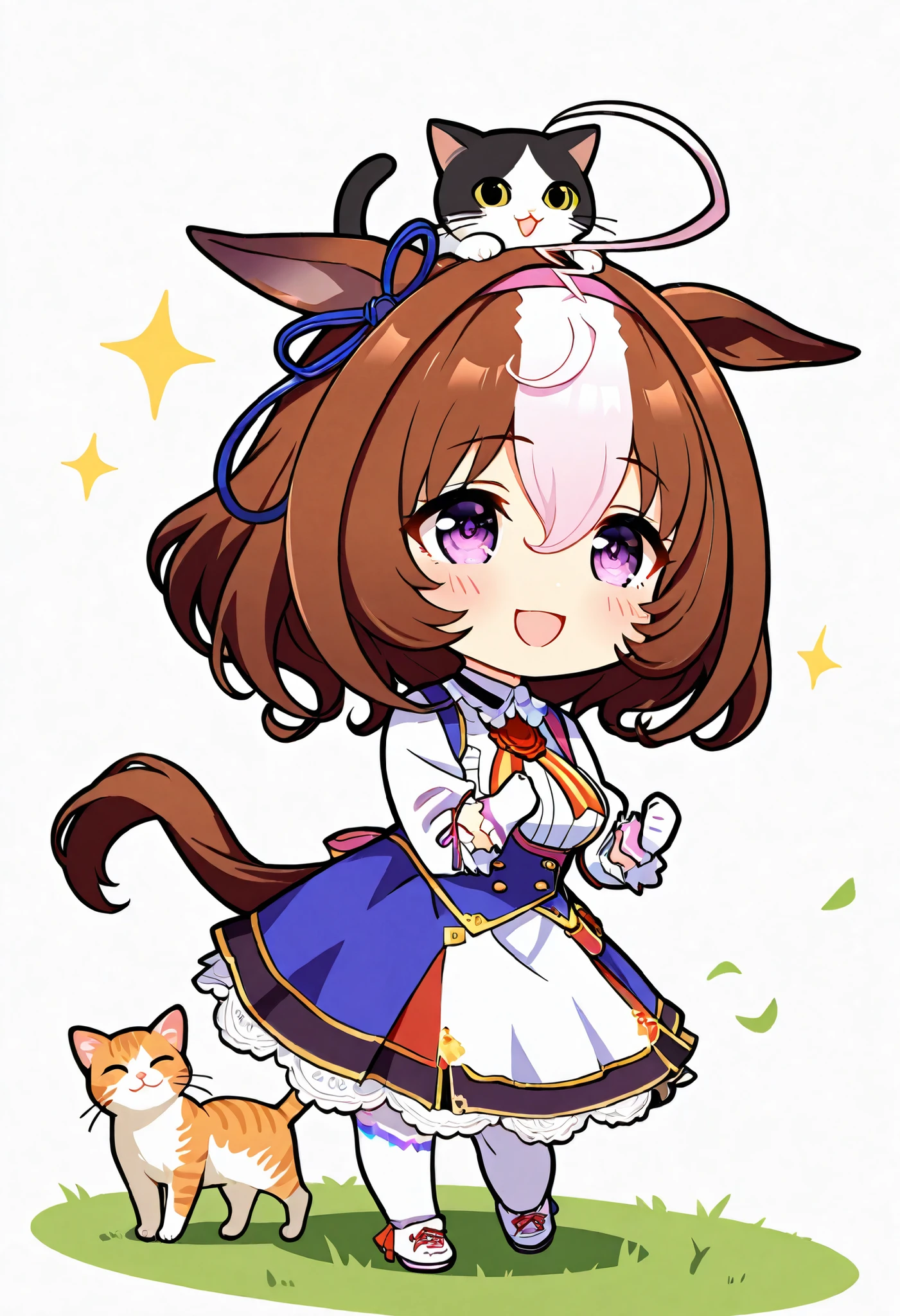 (((chibi))), (masterpiece, best quality, perfect face:1.4), wide angle, meisho doto \(umamusume\),running figure, 1girl, ahoge, horse ears, ear ornament, pink headband, horse tail, tail on the lower back, proportional body, proportional, beautiful hair, beautiful face, beautiful detailed eyes, beautiful clavicle, beautiful body, beautiful chest, beautiful thigh, beautiful legs, ((cat on top of head)), BREAK, blush happy smile (open mouth), white background,