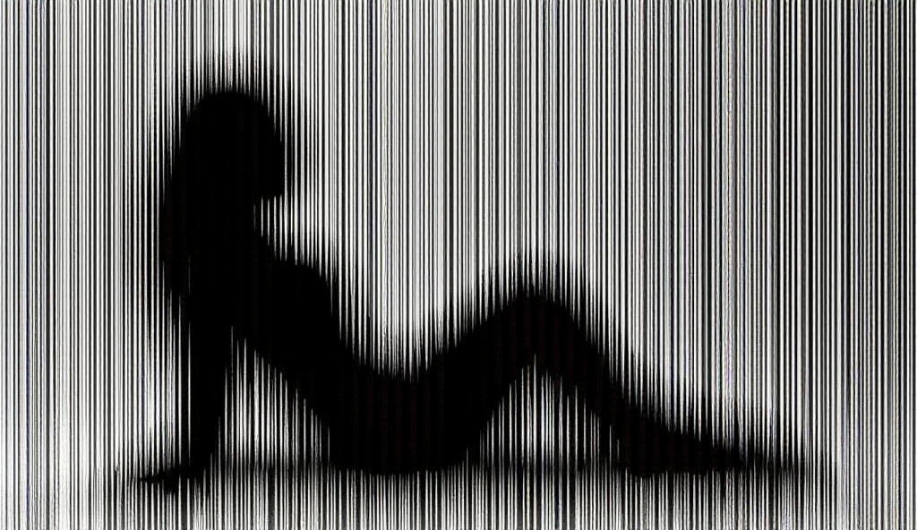 Create a tasteful, fine art photo composition with a highly attractive hunk of random race. The subject must be in a reclining pose that highlights his or her shapes and muscles., within a black and white op art composition that confuses the viewer's perception. The image should have a balance between elegance and sensuality, using colors and patterns that add depth and visual complexity. Incorporate elements like dramatic shadows, subtle highlights and varied textures to enrich the composition. Add details like artistic tattoos or understated jewelry that complement the subject's aesthetic. The background should include geometric patterns and lines that play with perspective, creating an optical illusion that attracts and holds the viewer's attention.
