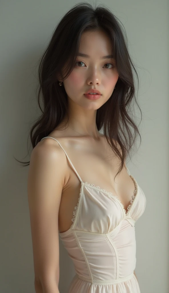 best qualtiy， tmasterpiece， Ultra-high resolution， （realisticlying：1.4）， RAW photogr， 1girl， （（black lace nightgown））， （（middlebreast）），japanese girl, cold light, white background