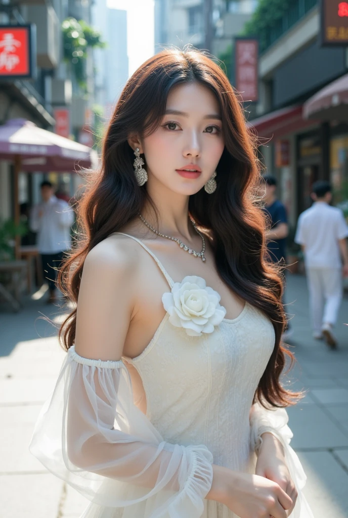 1girl, blurry, blurry_background, brown_eyes, brown_hair, depth_of_field, earrings, flower, full_moon, hair_flower, hair_ornament, lips, looking_at_viewer, moon, moonlight, night, night_sky, outdoors, red_flower, red_moon, sky, solo