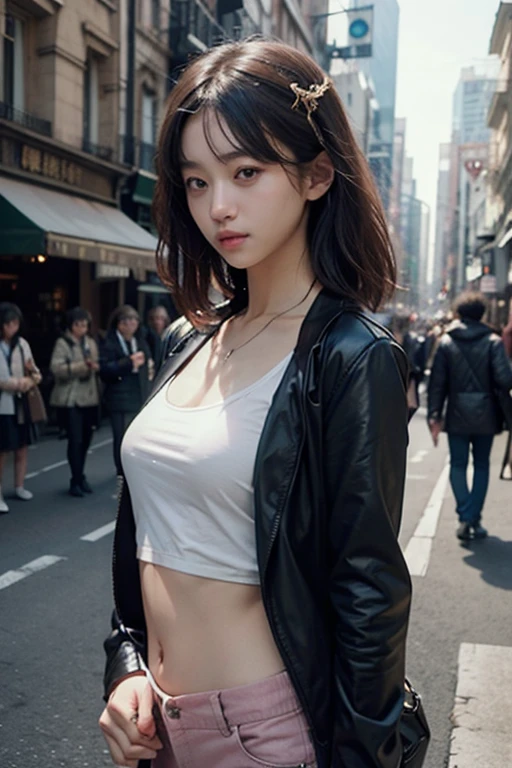 absurdres, RAW photo, extremely delicate and beautiful, masterpiece, Best Quality, ultra high resolution, 16k, hyperrealistic, realistic, photorealistic, photo-realistic, ultra-detailed, perfect anatomy, super Detailed skin, perfect figure, Very detailed CG 8k wallpaper, nude, pussy, shaved pussy, nipple, perfect nipple, perfect round breast, perfect fingers, (upper body :1.2), white skin, standing, blushing, windy, sexy leg, smile, puffy hair, bangs, long leg, (nude girls), messy hair, flat bangs, sexy lips, cute hair, no bra, from below, all hands down, all nude, all hands down, kpop idol, idol group, same tall girls, sunny day, sunlight, sexy pose, sexy standing, all hands down, no wearing panties, no wearing bra, sun light, small round breast, perfect small round breast, red lips, blowkiss, on street city, slim body, horny, arrogant face, no wearing panties, bottomless, pussy, 18 years old, teen, all hands down, sexy pose, (many people on background), sexy denim skirt, very short denim skirt, heels, tongue out, seductive, horny, open black leather jacket, crop jacket, hands on pocket,