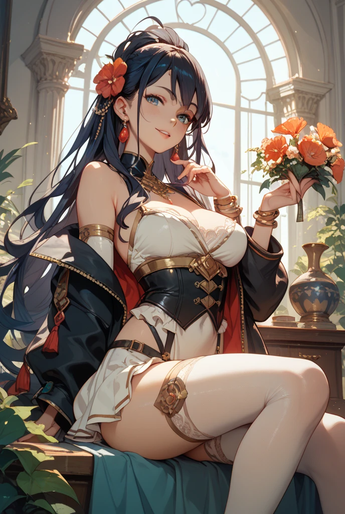 (masterpiece, best quality, high quality, high resolution: 1.4), detailed, extremely detailed, soft ambient lighting, 4K, ornate, internal, (rebirth, crop: 1.4), plants, window, 1Gril, megumin (soil: 1.4), ( megumin: 1.2), Standing, full body, (Focus on breasts: 1.2), (Extremely detailed hair: 1.2), Dark brown hair, shoulder length hair, Long locks, Fringe, (Hair intake, High ponytail:  1.4), expression, reds, emotion the flower of the skin, (Red Eyes, Bright, lust, sexual tension, Looking at the Viewer: 1.2), Curvy, Huge Breasts, Skindentation, (Explosive Breasts: 1.2), (Tiara: 1.2), Crown, (Neckline, Strapless, Red Dress, Ruffled Dress, Long Skirt, Buffalo Skirt, Buffalo Sleeve, Juliet Sleeve, Long Sleeve: 1.2), Jewelry, Totally Sexy, garter belt, black stockings
