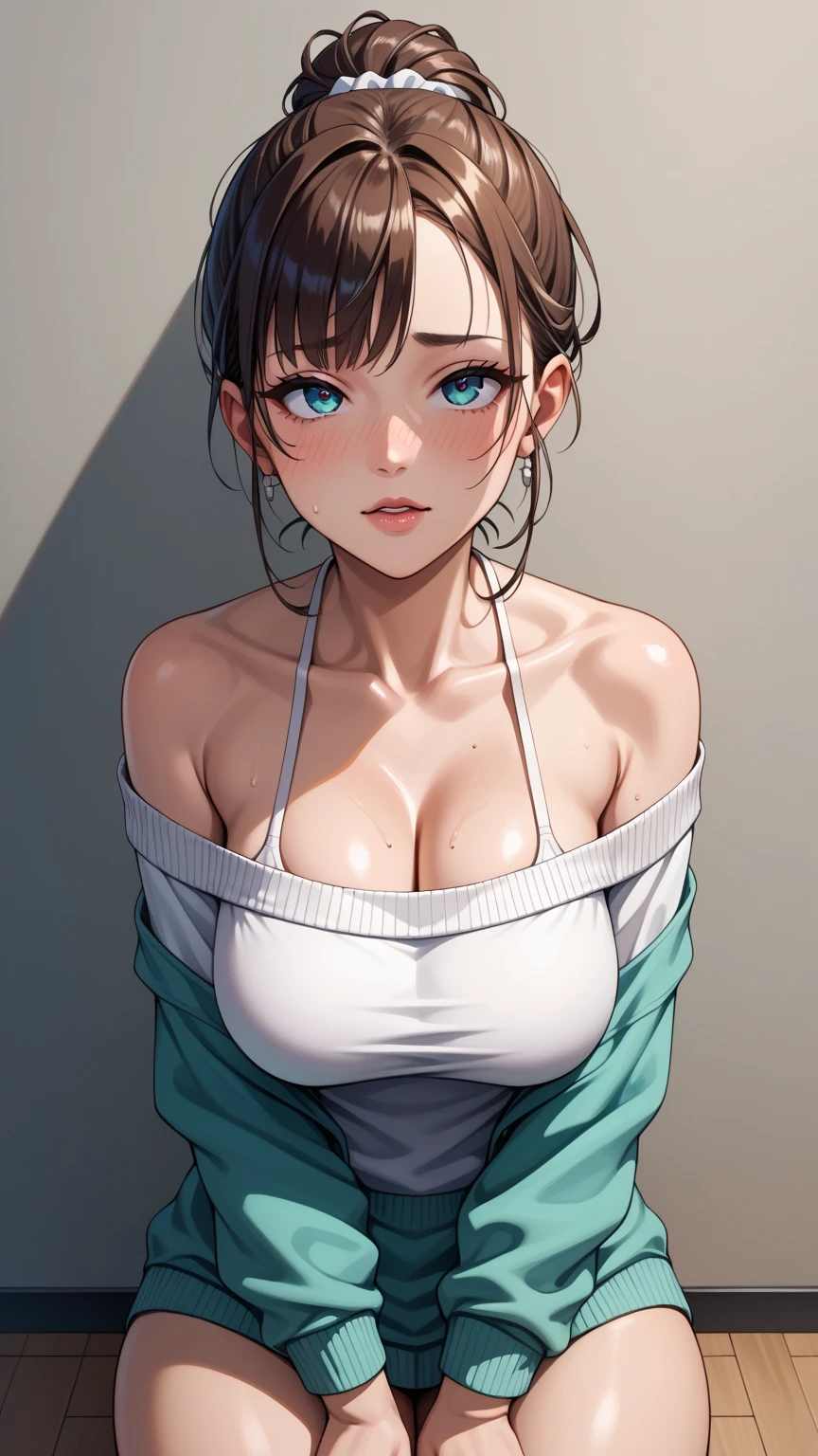 girl in t-shirt with normal breast, ful body view