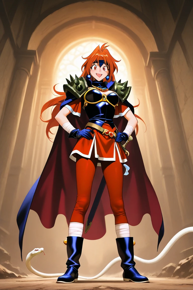 "(masterpiece:1.1), best quality,
1girl, (80s anime style:1.4), (eyelashes:1.5),
(intricate high detailed body:1.2),
red hair,
(forehead:1.2), short blunt bangs, (twin braids:1.1), (headband:1.2),
brown eyes, (red lip stick, eye shadow:1.1),
(loli body:1.2), (gigantic breasts:1.1),
calm,
(see-through cloth body suit armor:1.2), (pantyhose:1.3),
(knight armor, armored boots, capelet:1.2), (mini skirt:1.1), (ahoge:1.2), gloves,
standing, claw pose,
(cowboy shot:1.1),
(simple white background:1.2)"