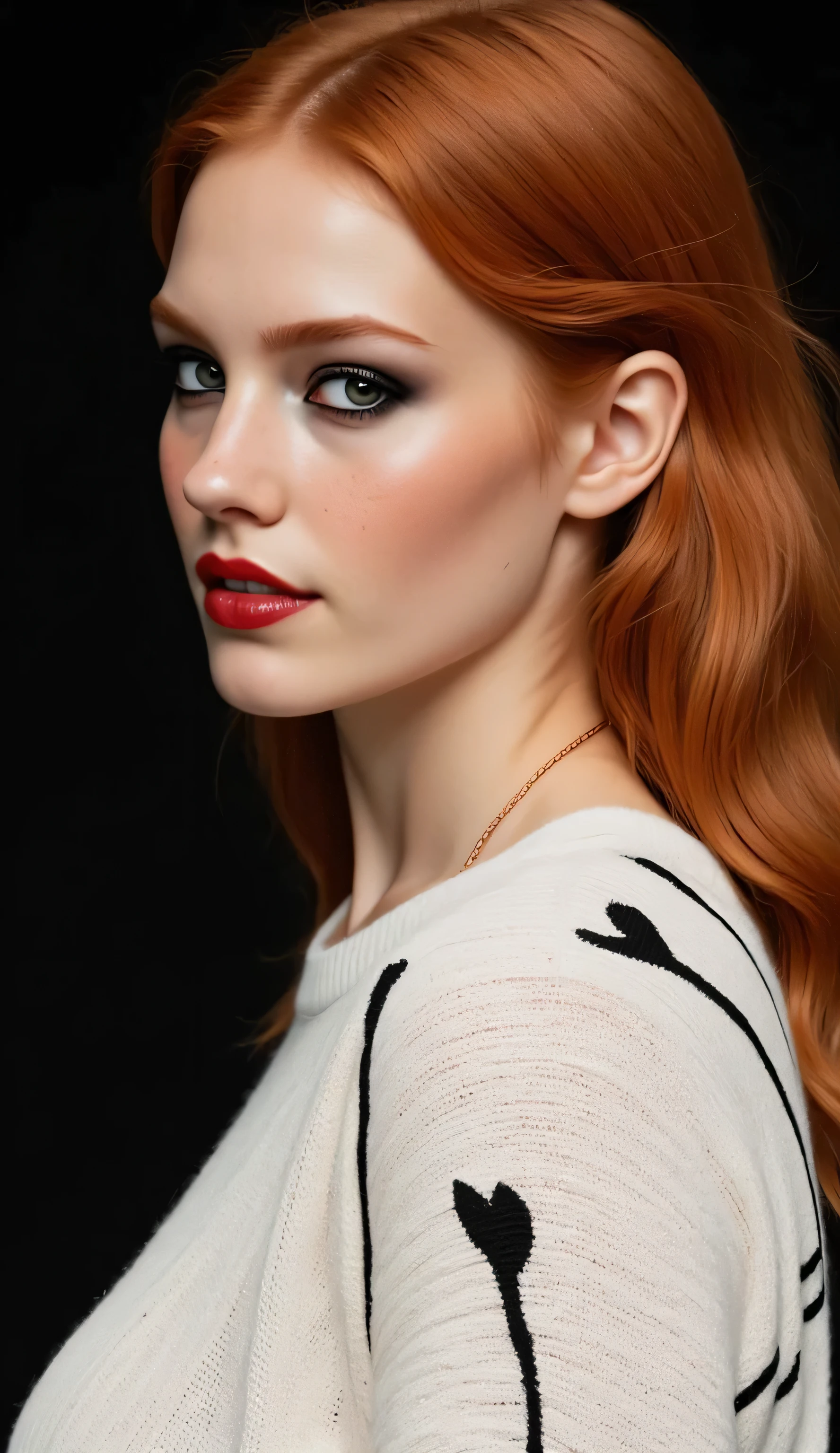 Best quality, masterpiece, ultra high res, (photorealistic:1.4), ((raw photo, 1girl, Young (18 years) European girl with seductive long hair, straight blood red hair, seductive detailed red eyes and face)), ((blood red lipstick and black eye liner, thick eye lashes, seductive expression, (perfect female mouth), mouth open, seductive body language, head tilt)), ((white lace bra and white ruffled miniskirt)), dynamic lighting, in the dark, deep shadow, low key, cowboy shot,