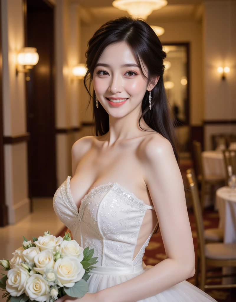 Beautiful 25 year old  woman。She is wearing a summer wedding dress. She is smiling on illuminated by the evening church lights . romantic sunset. her dark brown hair. High resolution、masterpiece、highest quality、頭w:1.0、((Hasselblad Photos))、fine skin、(movie lighting)、clavicle . full body picture.