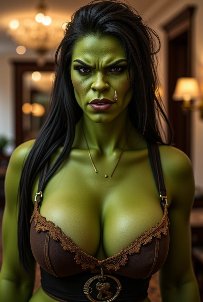 Create a female half orc with green skin, black hair, attractive and in adventurer clothing