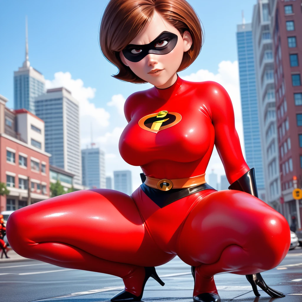 HelenParr, Brown hair, short hair, brown eyes, silver suit, hotpants, mask, gloves, 1girl, huge breasts, breasts, thick thighs, smile, pantyhose, thighhighs, 