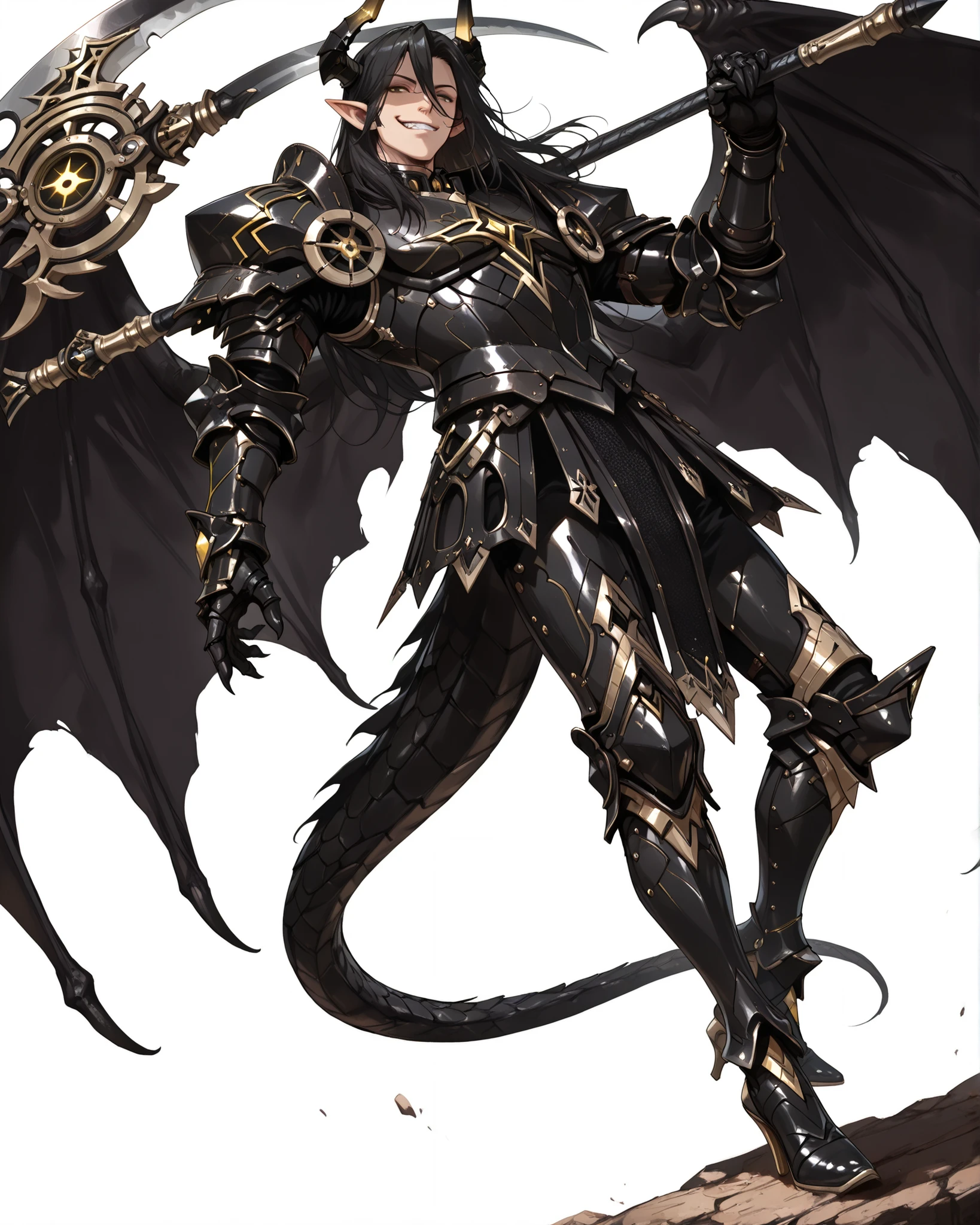 score_9, absurdres, (masterpiece, best quality: 1. 5), highres, 8K wallpaper, CG, (((Anime))), (1 male), solo, lean body, (masculine), (floating in the air), weredragon, japanese anime style, glossy black, shiny black leather, ((beautiful golden eyes, finely detailed eyes, bright eyes, vertical iris)), hair between eyes, black hair, long hair, sideburns, wild hair, unkempt hair, (sly grin, smirk, evil smile), teeth, confident, (ultra detailed face), shiny skin, long pointy ears, twisted torso, long-legged, sculpted face, wasp waist, dragon horn, dragon tail, dragon wings, dragon sharp claws, (black armor with a lot of grandiose decorations), half dragon half human, dramatic angle, dynamic posture, (holding giant scythe on shoulder), ultra detailed black armor, black armor with gold accent, all black outfit, full body, emphasize face, focused expression, sharp focus, good-looking man, well-polished black armor, charismatic pose, (best illustration), cinematic, dramatic lighting, (intricate detail, super detail, extreme detailed, super detailed: 1. 5), (highly detailed artwork), dramatic shadows, tenebrism, chiaroscuro, wonderful pose, chiseled features, stark contrast, heavy shadows, detailed black decorations, beautiful and aesthetic, photoreal, from below, (mysteriously crafted black metal armor: 1. 5), sparkling accessories, thick and luxuriant hair, ultra detailed fantasy black armor, dressed in black, broad shoulder, true-to-life visuals, artistically refined, dramatic contrasts, ((extremely delicate and beautiful armor, elaborate armor details)), (dark armor, stylized armor), exquisite goldwork, wonderful black armor, armor with intricate engravings, ((armor-type high heels)), ((detailed shoulder armor with intricate engravings, gold accent black armor)), (128K Ultra High Resolution), very gorgeous and dazzling, dark fantasy black knight, slim waistlines, wide chested, sinewy body, simple white background, (((Hyper Detailed & Perfectly Designed Black Armor)))