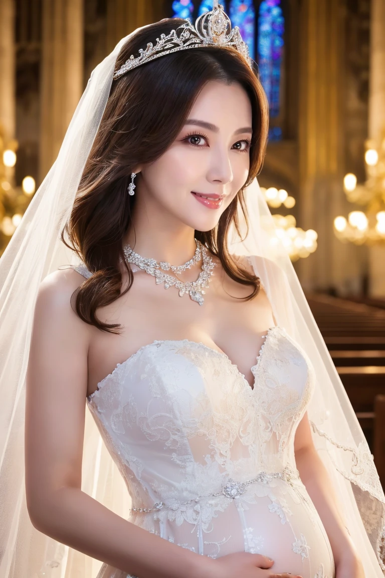a gorgeous busty woman, royal bride, tiara, the queen, beautiful detailed smile, beautiful detailed teeth, POV, lover, cinematic dramatic lighting, (best quality,4k,8k,highres,masterpiece:1.2),ultra-detailed,(realistic,photorealistic,photo-realistic:1.37),HDR,UHD,studio lighting,ultra-fine painting,sharp focus,physically-based rendering,extreme detail description,professional,vivid colors,bokeh,portrait,photorealistic,cinematic