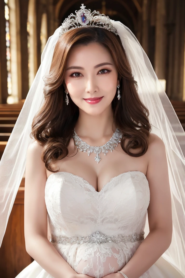 (highest quality、Tabletop、8k、Best image quality、Award-winning works)、One beautiful bride、(alone:1.1)、(The most extravagant and gorgeous huge wedding dresses:1.1)、(Perfect Wedding Lace:1.2)、(The most gorgeous and luxurious giant tiara:1.1)、(The most luxurious and extravagant giant necklace:1.1)、Look at me with your best smile、A large selection of the finest jewellery、Upper body photo、Perfect Makeup、Long eyelashes、Ultra HD Shining Eyes、Ultra HD Hair、Ultra High Resolution Glossy Lips、Ultra High Resolution Perfect Teeth、Beautiful face in ultra-high definition、(Accurate anatomy:1.1)、(Very bright and beautiful skin:1.2)、(very bright and vivid:1.2)、Short Bridal Hairstyles、A gorgeous and elegant church、Gorgeous and beautiful church、(Front facing body:1.1)