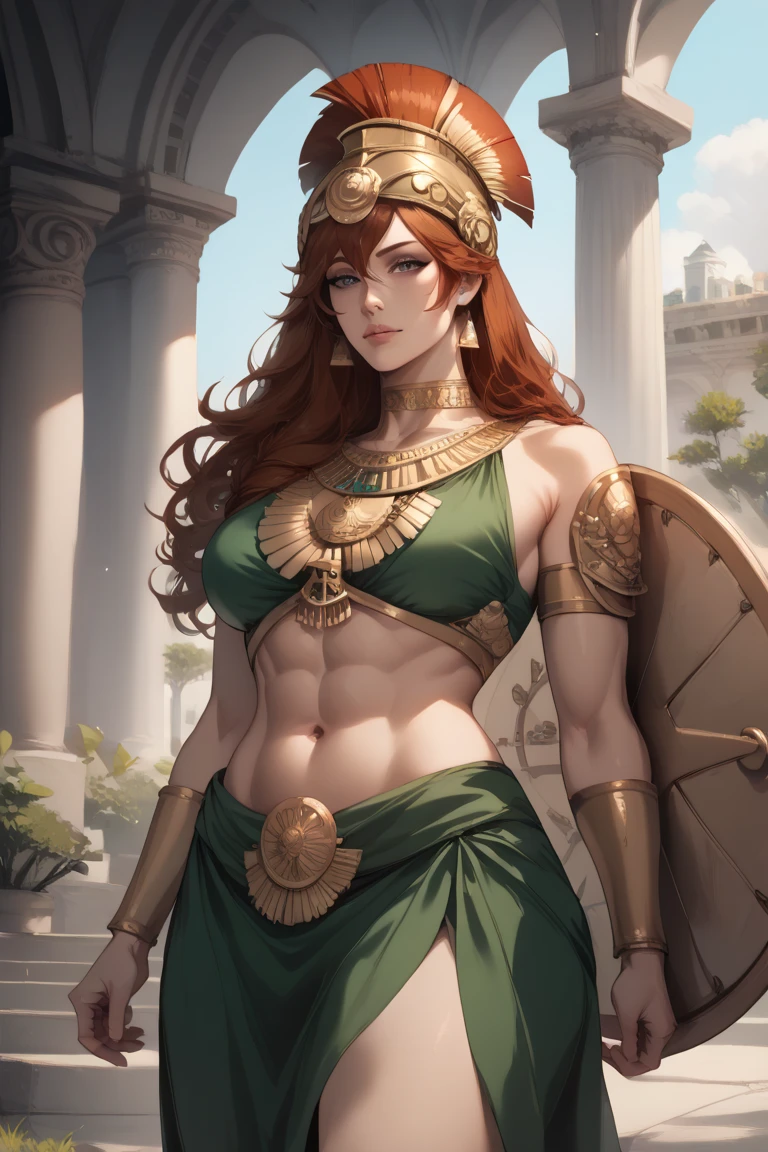 1girl, ((best quality)), ((masterpiece)), (detailed), female Barbarian stands imposing in an ancient lost city. golden chainmail bikini, golden jewelry, gold armour, Chiseled perfect body, insanely handsome and feminine face. Sunlight highlights her muscles and scars. The scenery is lush and mysterious, with ruins and vegetation. The camera details everything. large breasts, long luxurious red hair