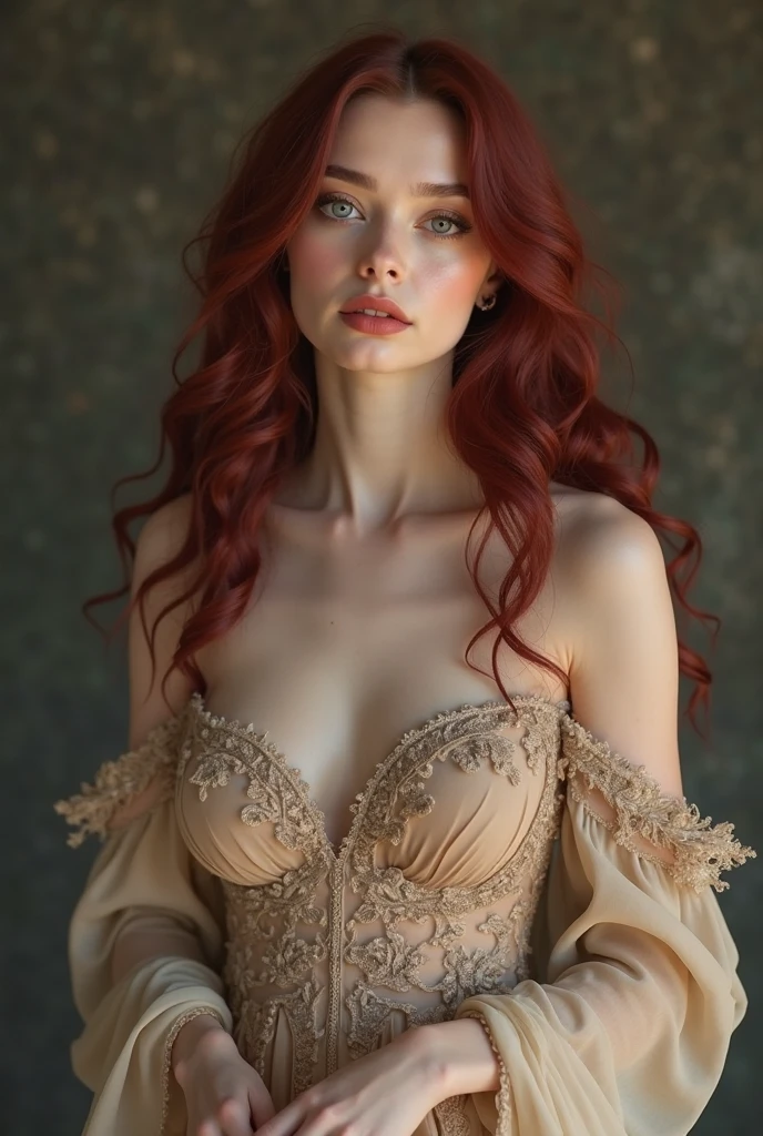 Girl, delicate face, body parts, 8K, beautiful, HD image quality, realistic, full body photo, dynamic poses, HD skin details, big breast, shapely body, shiny eyes, textured, photorealistic skin. , Full buttocks, redhead, blue eyes, smile, perfect smile, white dress, gigantic chest, huge breasts, lots of cleavage, red painted lips