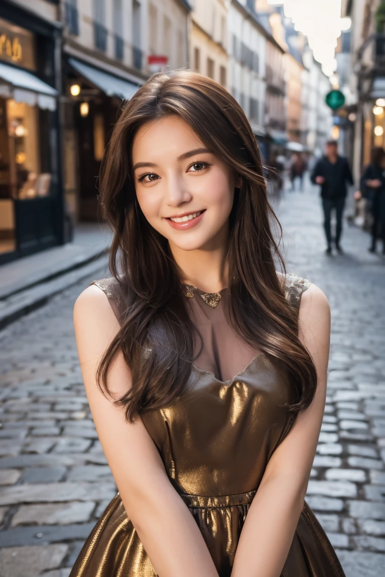 ((Best quality, 8k, Masterpiece :1.3)), 1girl, smiling, full body, slim face, Pretty woman, (Dark brown hair), full length dress :1.1, Ultra-detailed face, Detailed eyes, Double eyelid, blur background, slim face, city, outside, street,