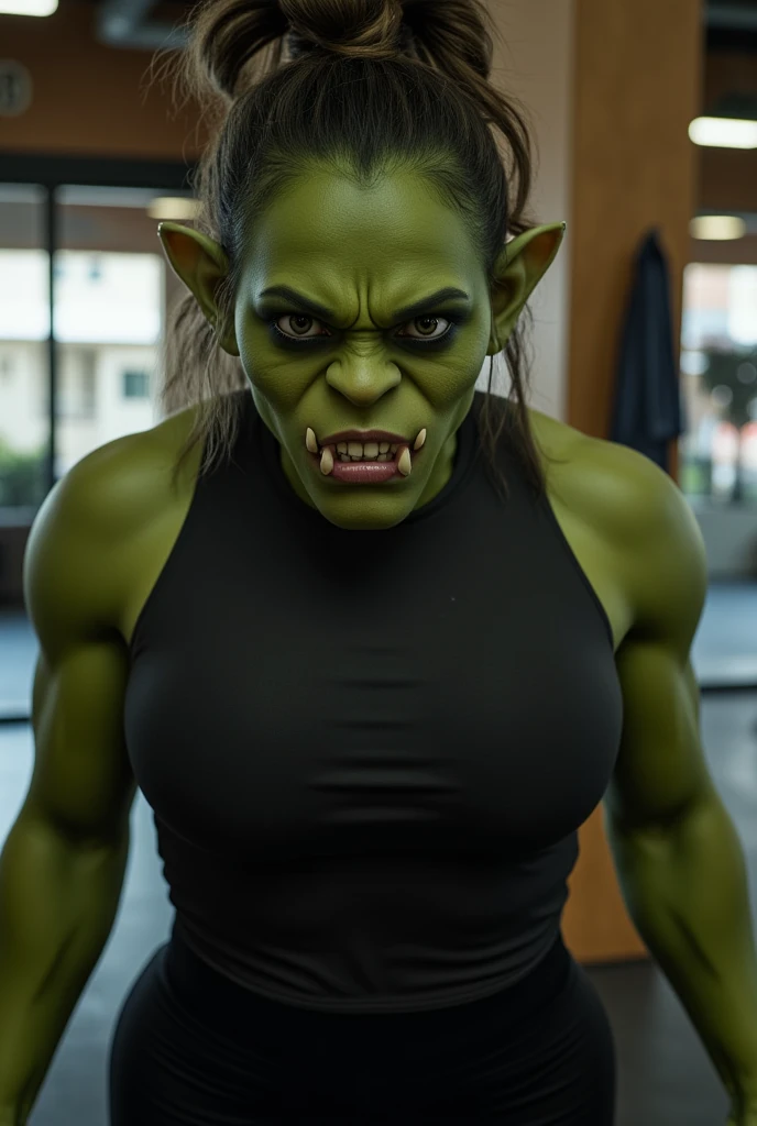 a creature, wear a cloth mask, musclegirl, sorriso frightful, deep eyes, terrivel, frightful, black clothing, similar to a butcher