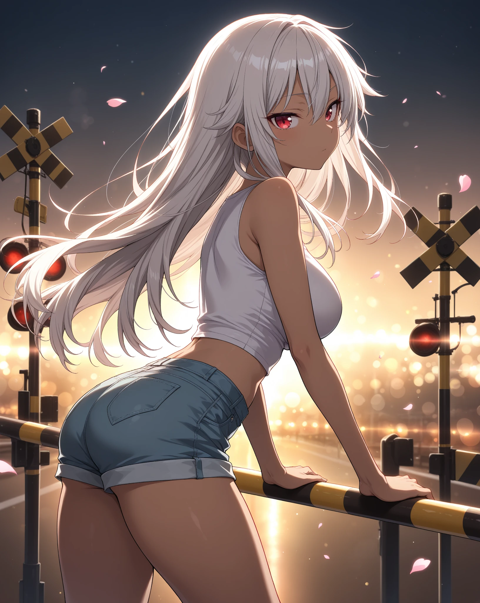 1girl, red eyes, white twin tail hair, leaning on balcony, staring at city scenery, wearing black bikini